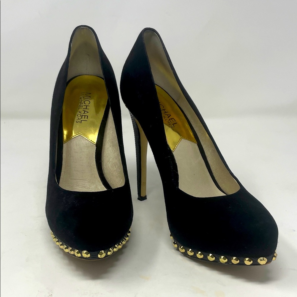 Michael Kors Black Suede Pumps with Gold Accents Size 7.5 Excellent Condition